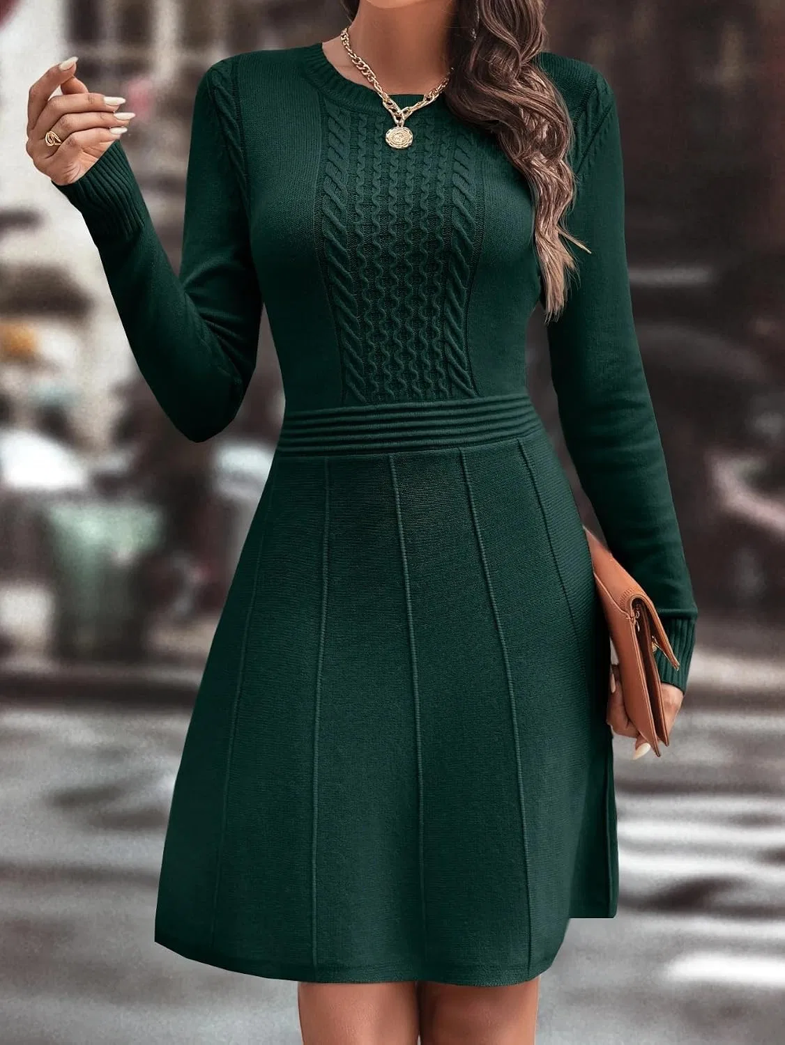 Женское повседневное платье с круглым вырезом Knit Dress, Dark Green — фото 4