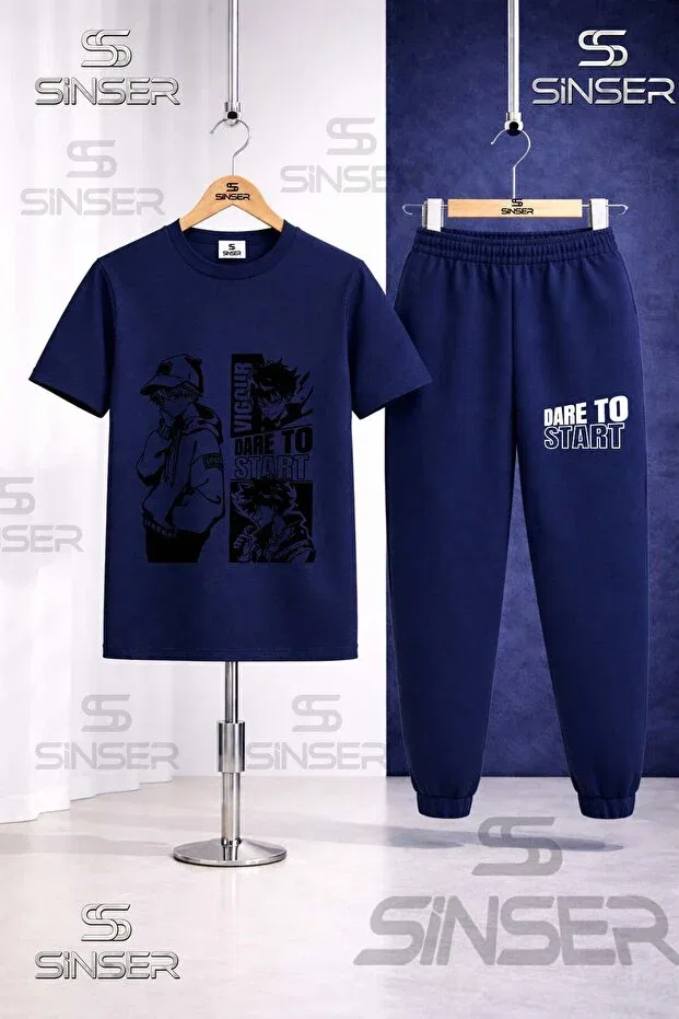 Детский комплект из футболки и брюк с принтом Dare To Start Ss Sinser, Navy Blue