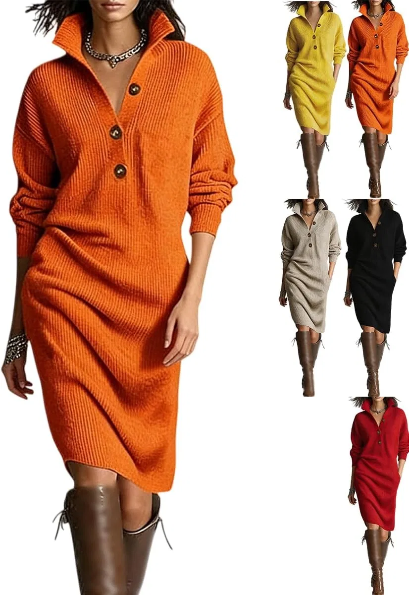 Женское свободное платье-свитер с воротником-поло Button Up Polo Collar, Orange