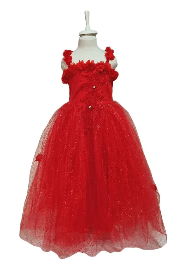Детское платье для девочек с кристальной тюлью Crowned Red Rose Girls' Evening Dress Mashotrend, Красное — фото 3