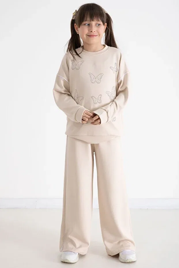 Детский комплект для девочек с принтом Beige Sequined Butterfly Embroidered Wide Leg Girls' Tracksuit Set Cansın Mini, Beige — фото 4