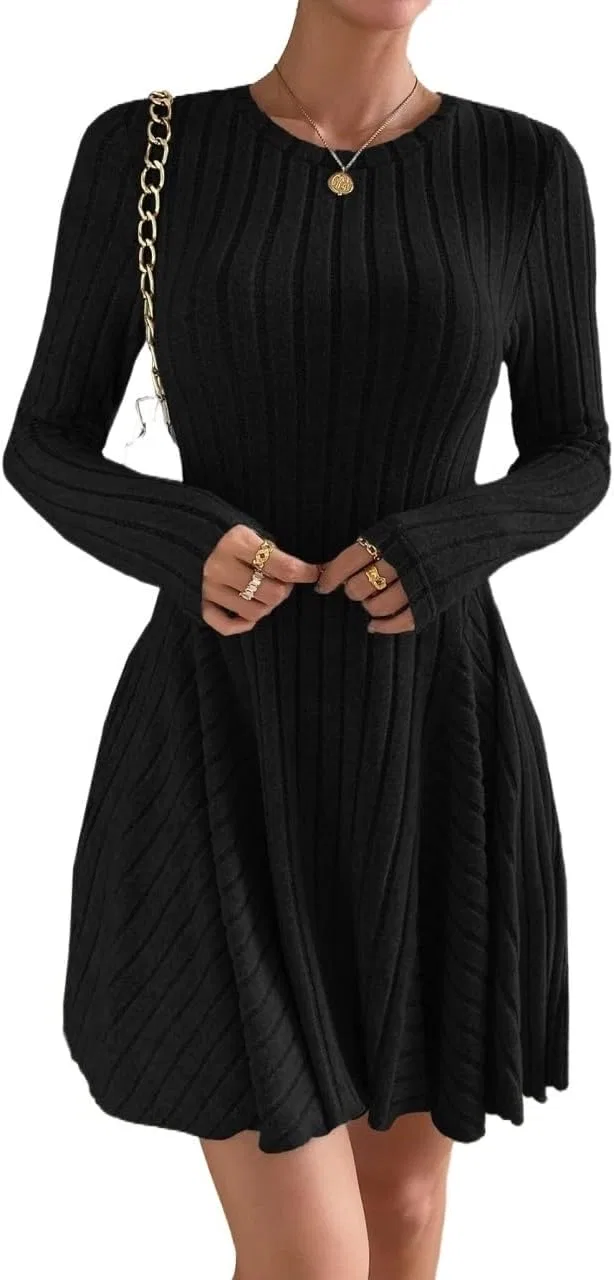 Женское A-силуэта короткое платье из рибаны с длинным рукавом, Black