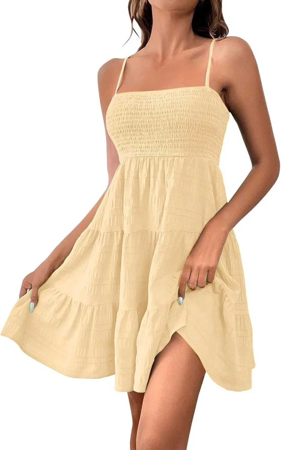 Женское мини-платье с цветочным принтом, Smocked Square Neck Spaghetti Strap, Yellow