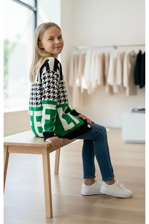 Детский кардиган для девочек с принтом Letter and Pattern Minimoda Kids, Ecru-Green — фото 3