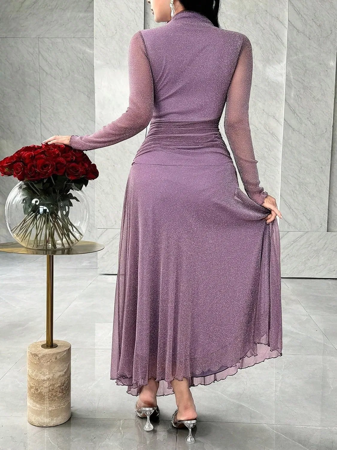 Женское мини-платье с длинным рукавом и разрезом Elegant, Purple — фото 2