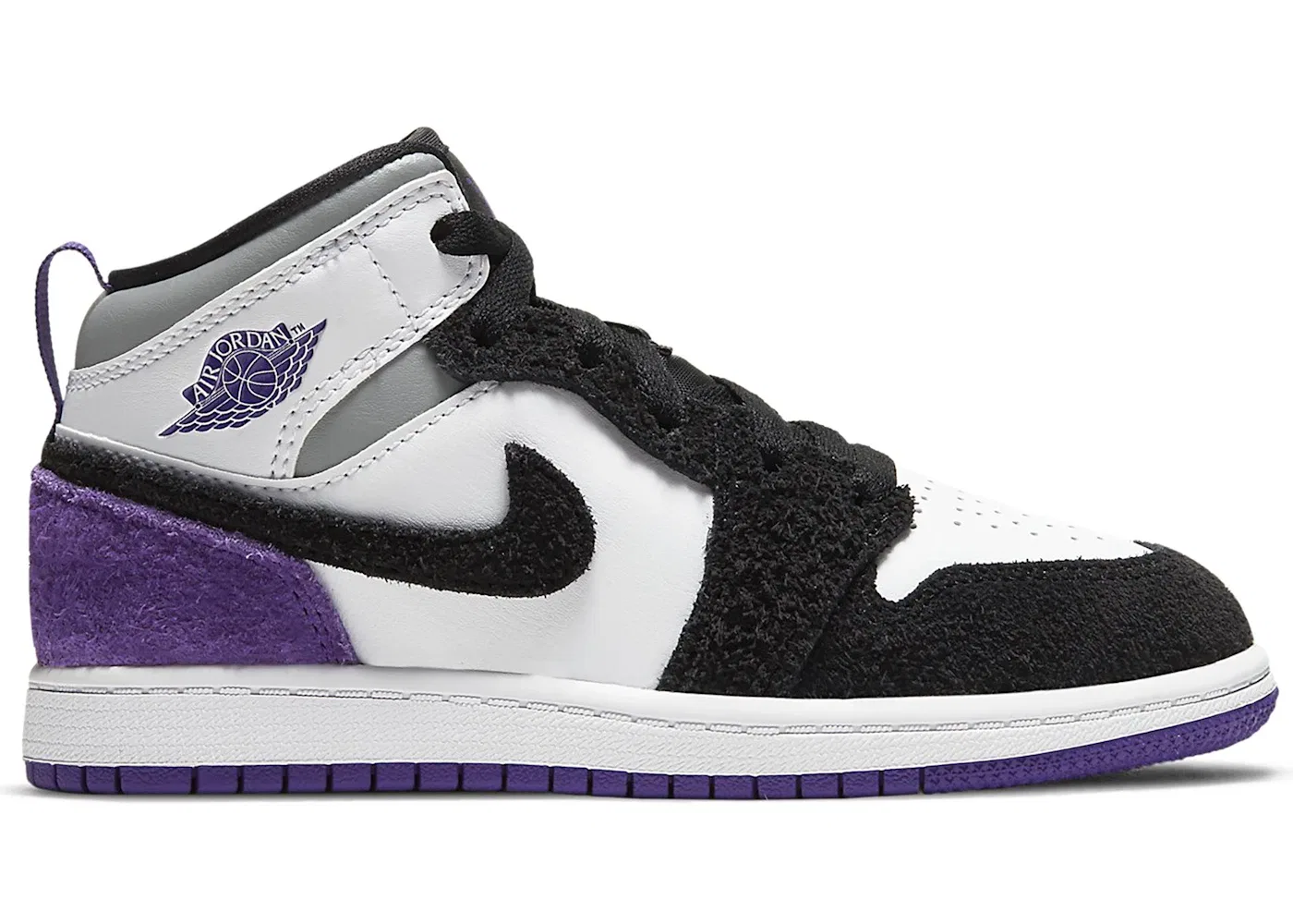Детские кроссовки с замшевыми вставками Jordan 1 Mid, White/Black-Light Solar Flare Heather-Varsity Purple
