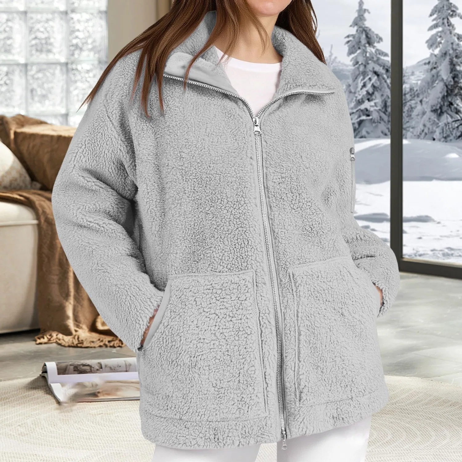 Женская флисовая куртка с принтом Oversized Fleece Jacket, Cenere Chiaro — фото 3