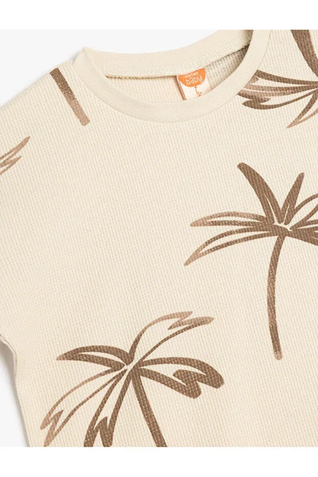 Детская футболка с принтом Palm Print Short Sleeve Crew Neck Cotton Koton, Ecru Patterned — фото 3