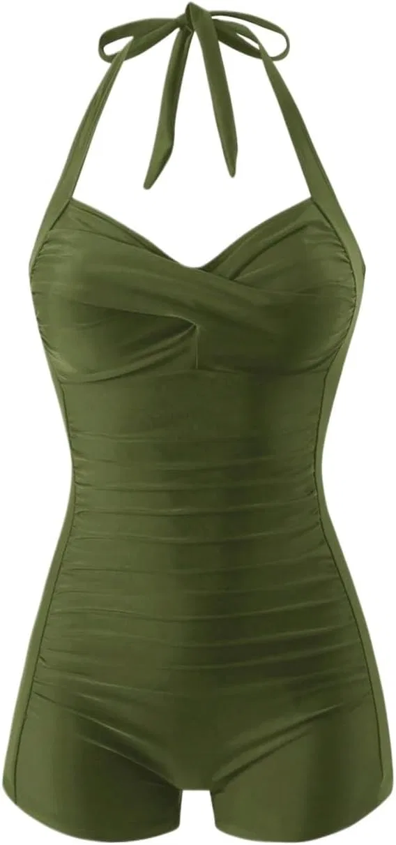 Женский цельный купальник с открытой спиной Halter, Army Green