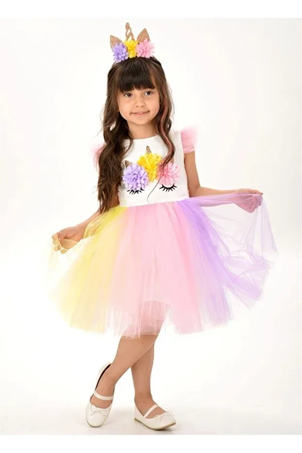 Детское платье для девочек с принтом Unicorn Figured Crown Cantoy, Pink