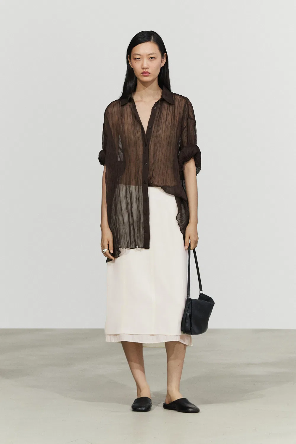 Рубашка Massimo Dutti, плиссированная, для создания полного образа, коричневая — фото 4