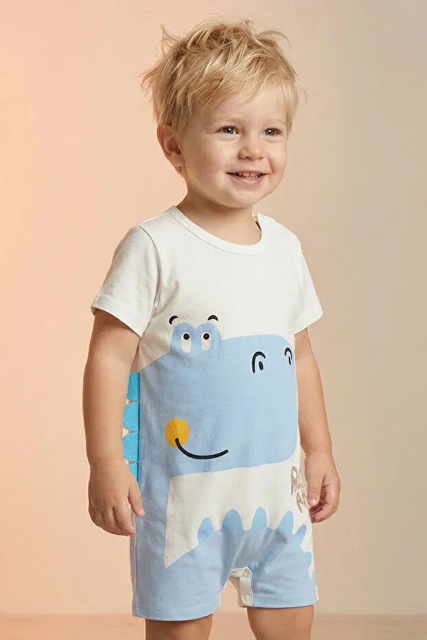 Детский комбинезон для мальчиков с принтом Tuabella, Blue Boys' Summer Romper With Dinosaur Print — фото 2