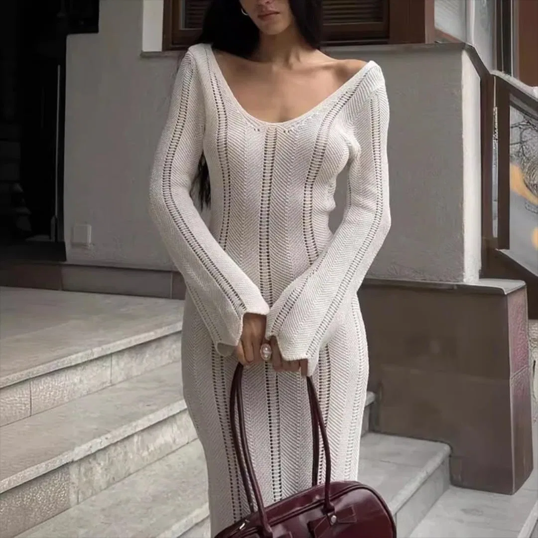 Женское вязаное платье с V-образным вырезом Casual, White — фото 4