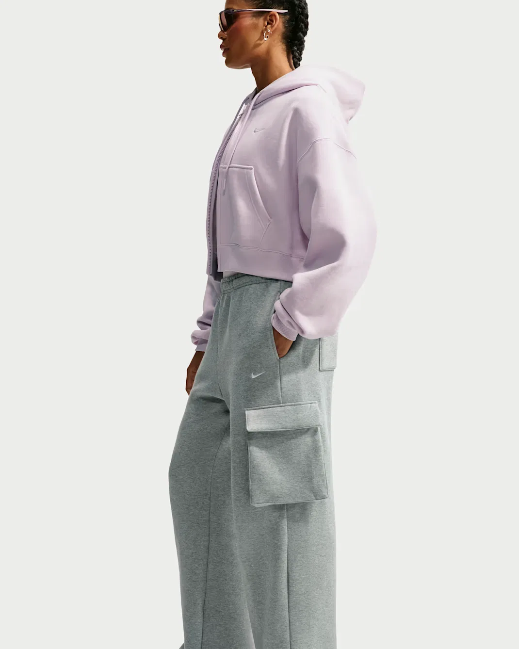 Женские брюки-карго свободного кроя с высокой посадкой Nike Studio Fleece Medium Weight, Dark Grey Heather/Sail — фото 4
