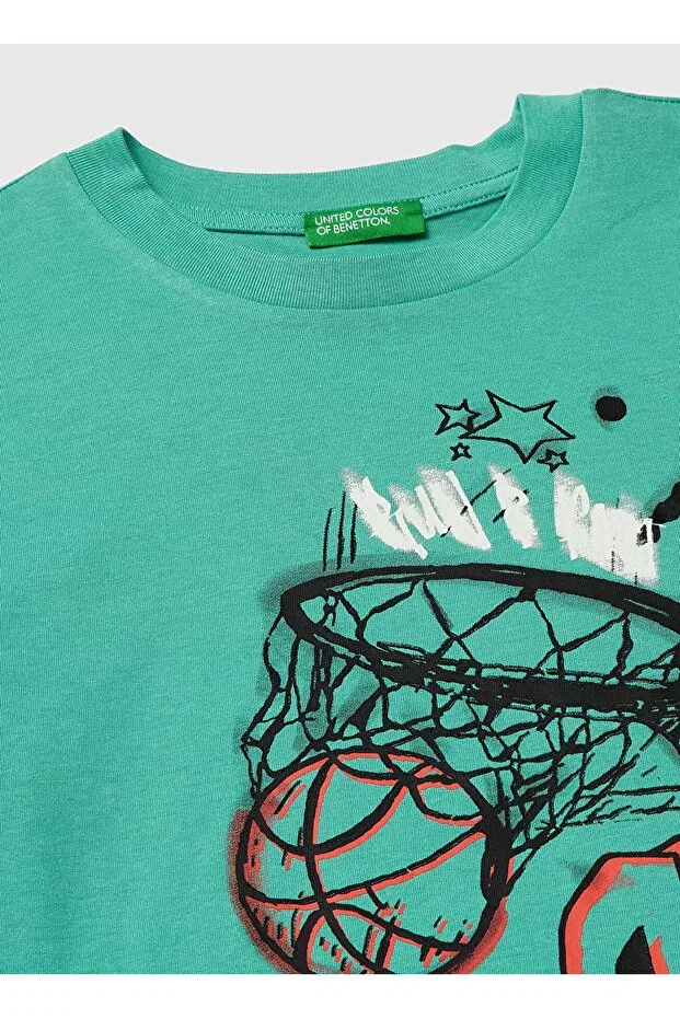 Детская футболка для мальчиков с принтом Blue-Green boy's printed t-shirt United Colors Of Benetton, Blue - Green — фото 3