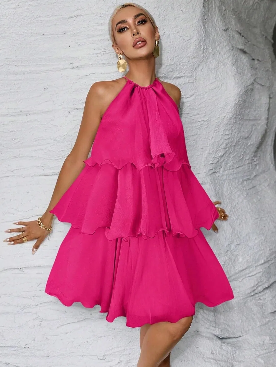Женское повседневное платье-комбинация с ярусной юбкой, Hot Pink — фото 4