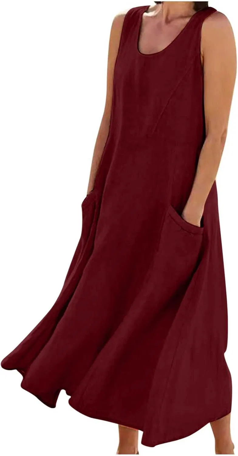 Женское льняное платье-макси sleeveless Casual, J04_wine