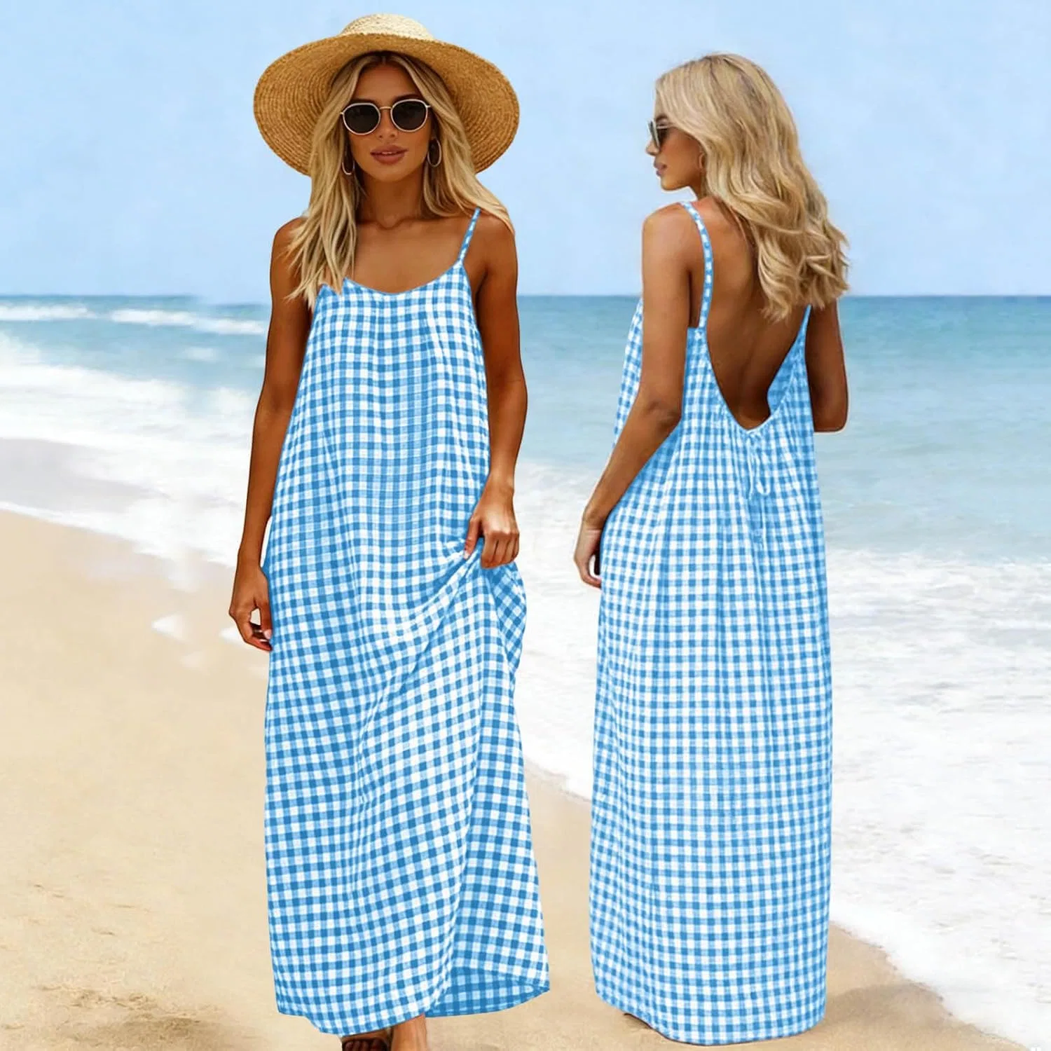 Женское пляжное платье макси на бретелях Cotton Linen, Sky Blue — фото 2