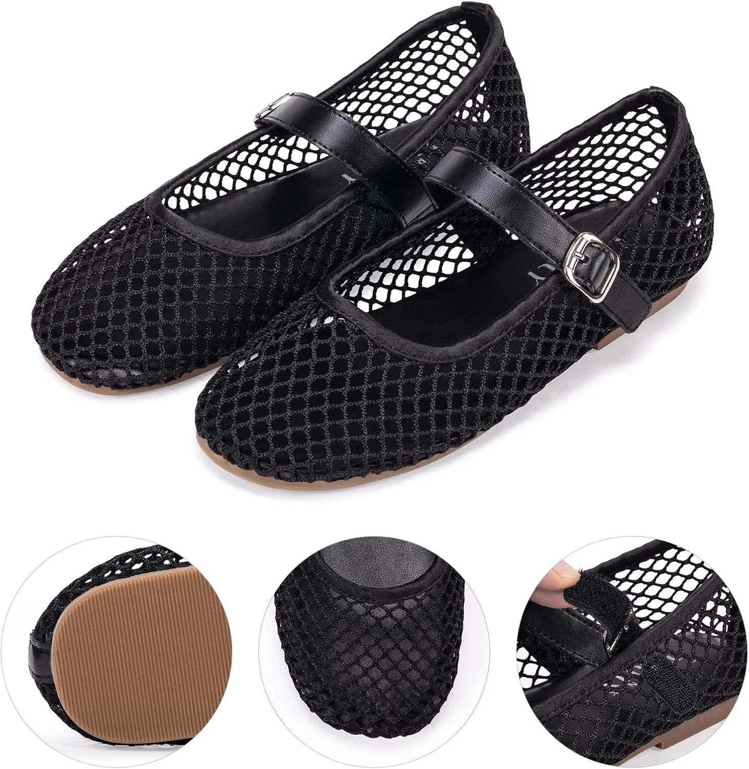 Детские балетки для девочек с пряжкой Frank Mully, Black/Mesh — фото 2