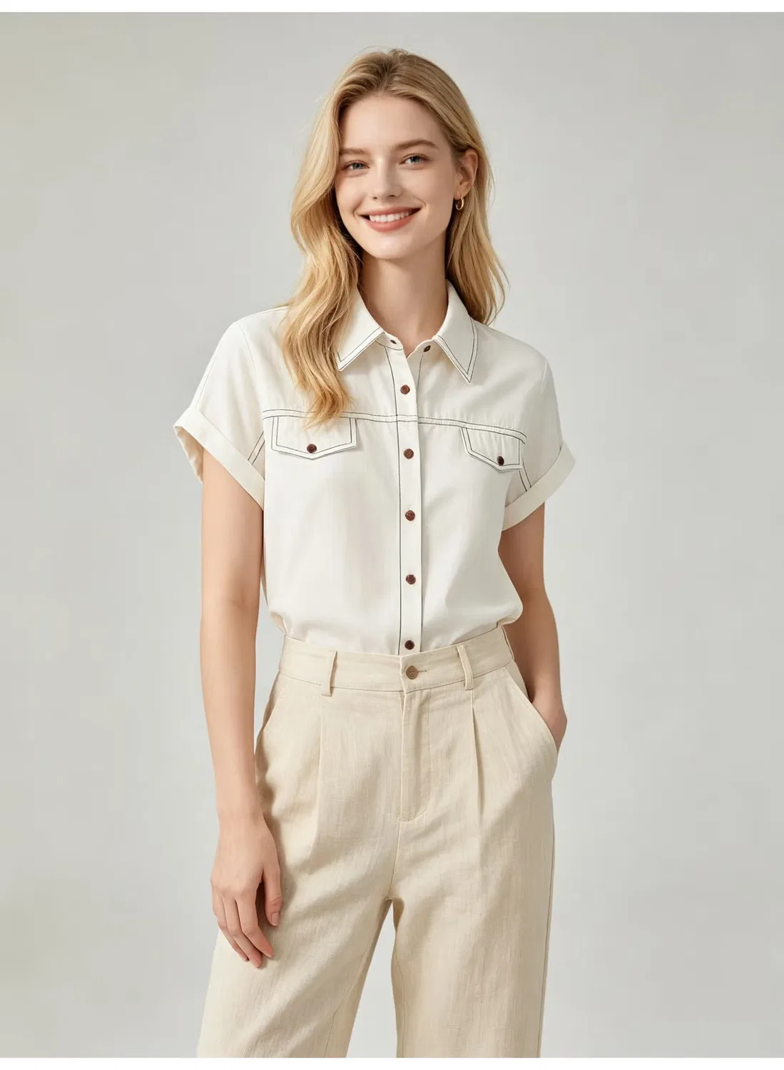 Рубашка с коротким рукавом и контрастной строчкой Zara, белый — фото 4