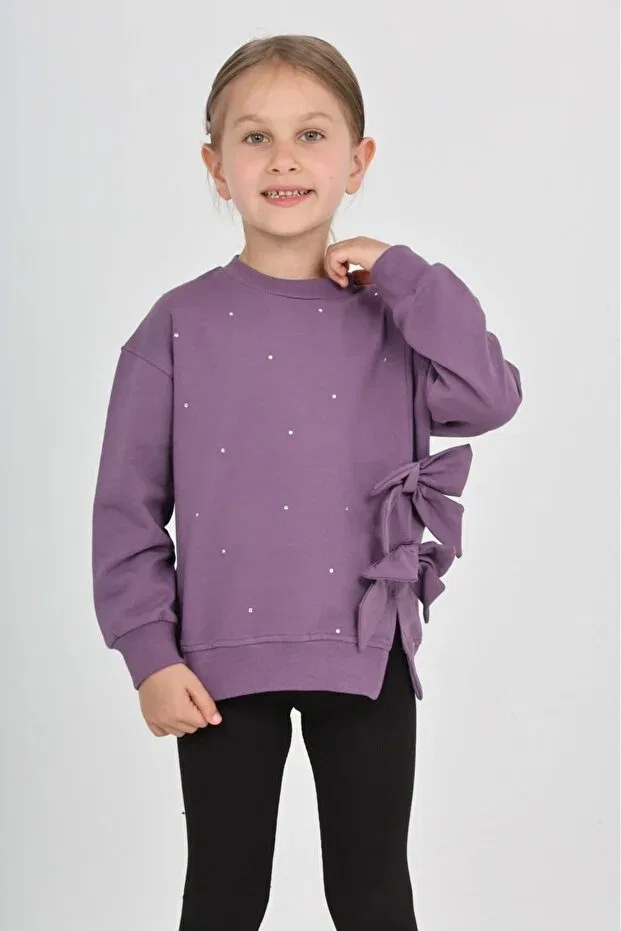 Детские свитшот для девочек с принтом Girl's Stoned Bow Sweatshirt Toontoy, Purple