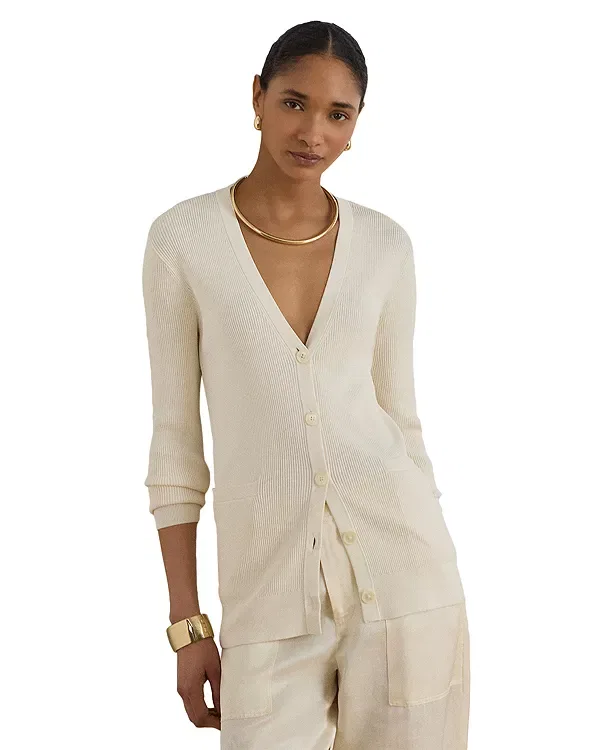 Женский кардиган с V-образным вырезом с длинным рукавом Ribbed v neck cardigan Ralph Lauren, Winter Cream
