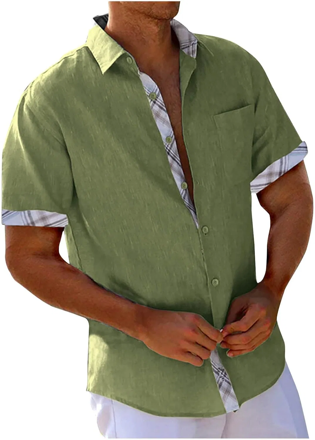 Мужская рубашка с коротким рукавом и цветочным патчем, Classic Turn-Down Collar, Green