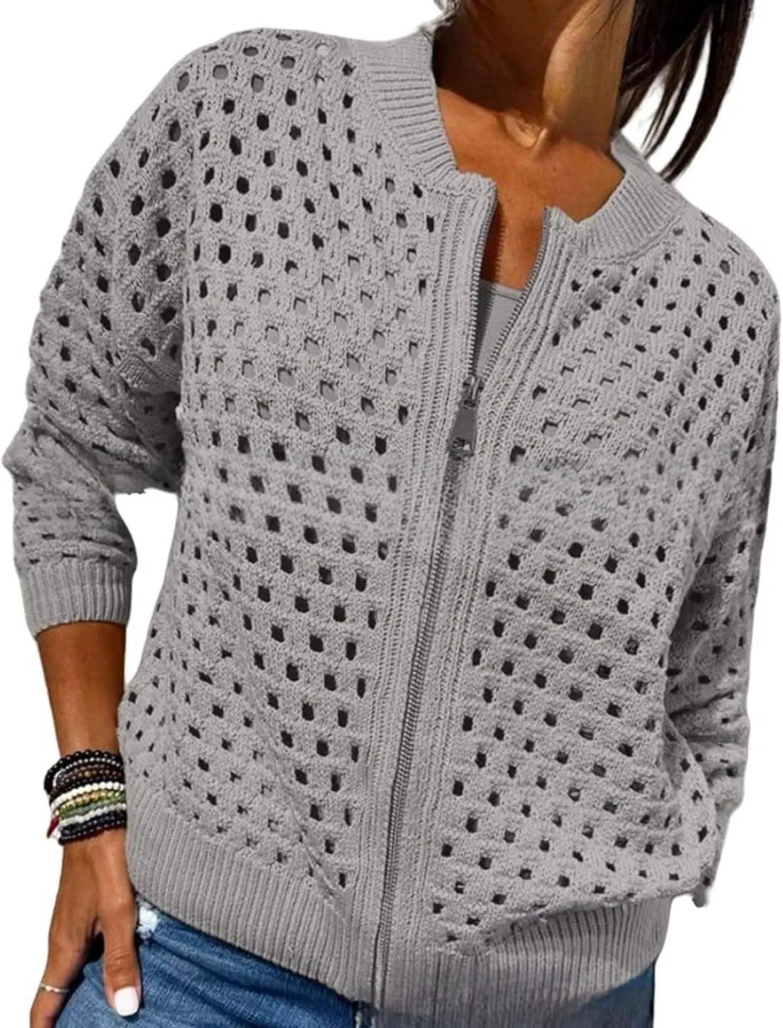 Женский легкий кардиган-болеро с молнией и кружевной вязкой, Bright Grey (Ral 7035)