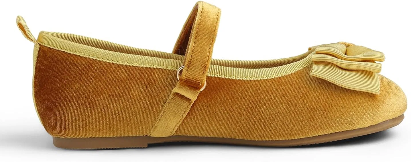 Детские балетки для девочек с бантом FEVERSOLE, Yellow Velvet Tri-Bow Maryjane — фото 3