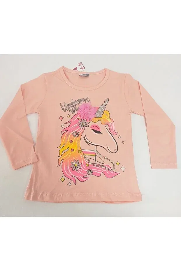 Детская футболка для девочек с принтом Girl'S Unicorn Printed Pearled T-Shirt Lully Kids, Salmon