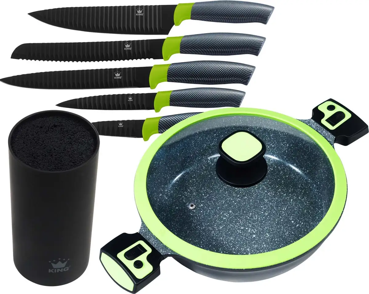 

Кастрюля KING "Click-Grip", литой алюминий, (набор, 7 шт.), вкл. Блок ножей, 6 предметов, индукционный Ø 28 см + высота 8 см, зеленый/черный