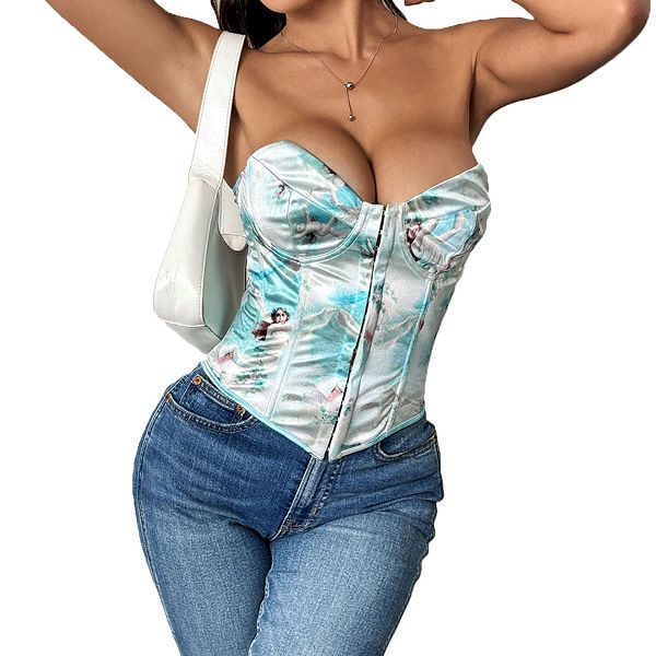 

Женский топ с художественным принтом, без бретелек, корсетный, с пряжкой спереди и шнуровкой сзади Clearflower, Blue