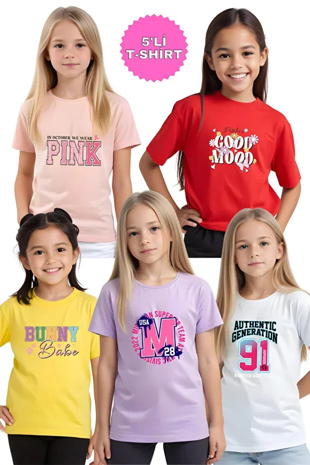 Детский комплект футболок для девочек с принтом bunny-generation-pink-m-mood Fyk Collection, Lilac Yellow White Pink Red