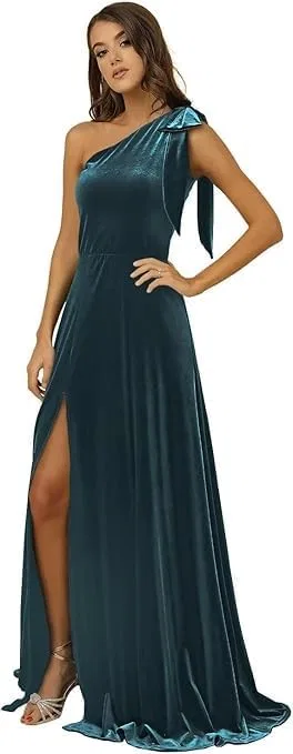 Женское вельветовое платье с одним плечом и разрезом Formal Evening Gowns, Peacock Blue