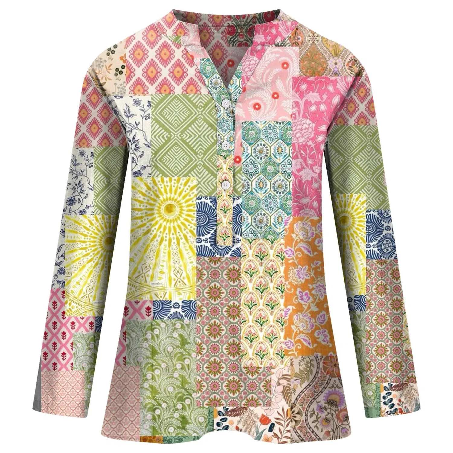 Женская блузка с V-образным вырезом и пуговицами, модель Linen 2026, Multi-coloured — фото 4