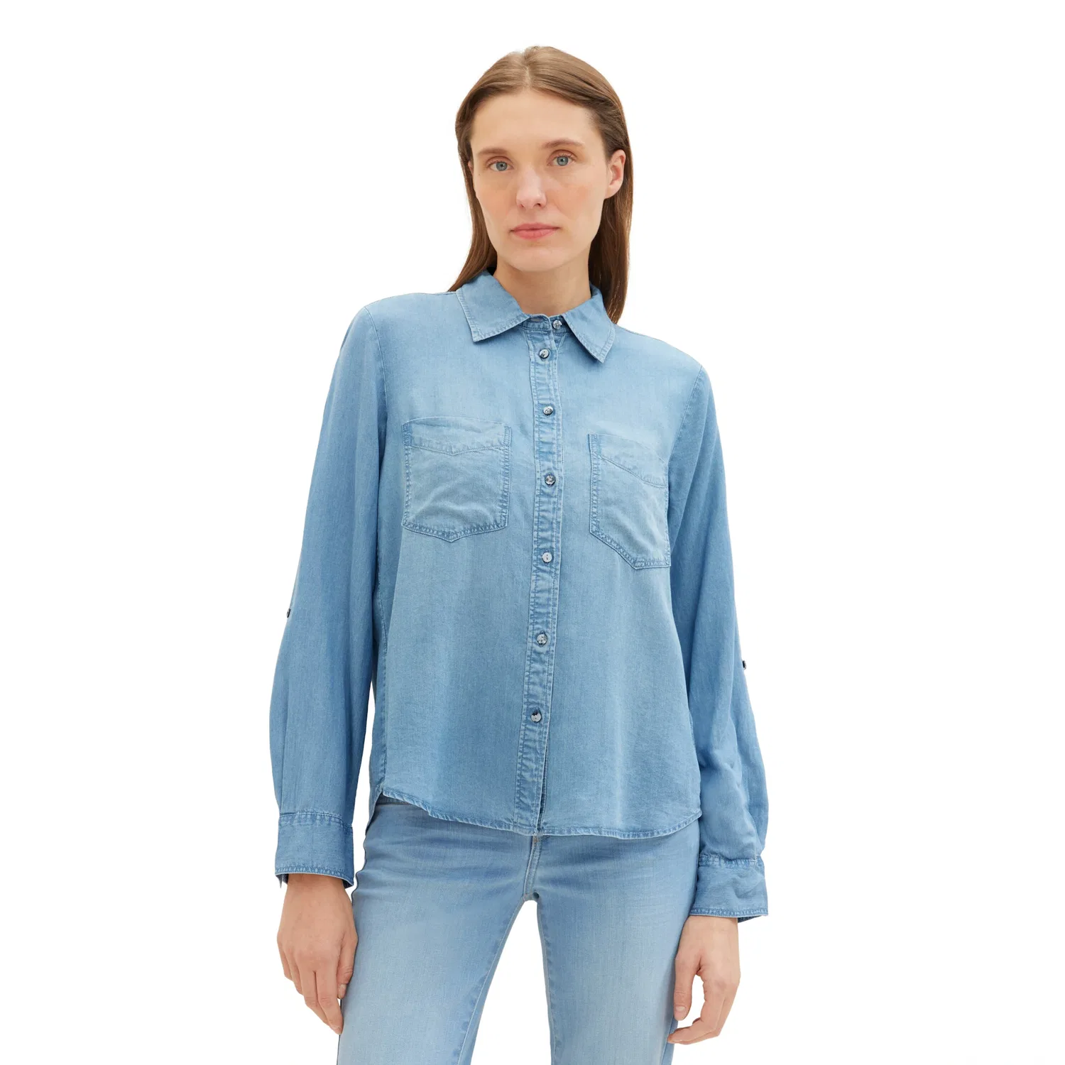Женская джинсовая блузка с Lyocell и отложным воротником Tom Tailor, Clean Mid Stone Blue Denim — фото 2