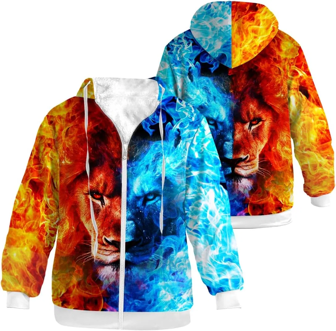 Мужское зимнее пальто с флисовой подкладкой, молнией и капюшоном, Fire Ice, Lion Blue Red — фото 3