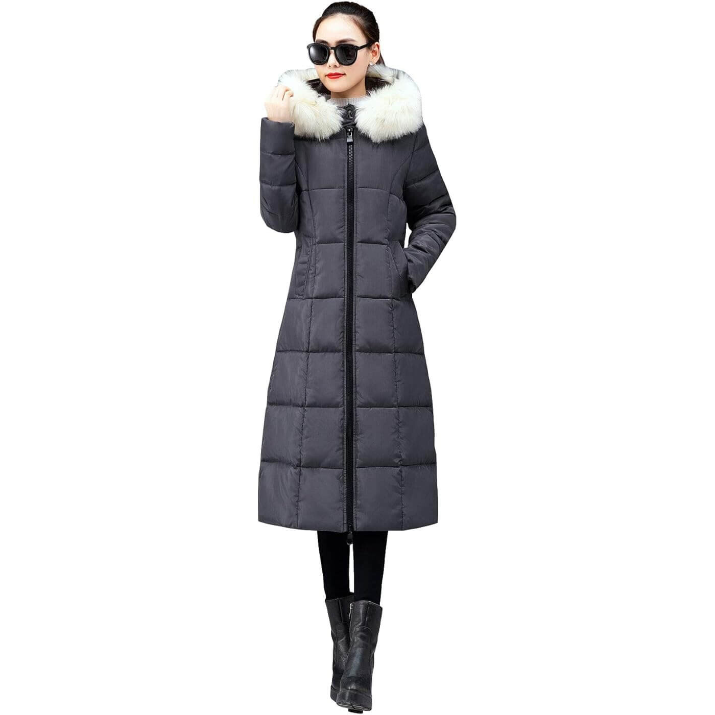 

Пальто-куртка Ebossy Women's Winter Thicken Down Alternative Long With Faux Fur Hood, серый/белый