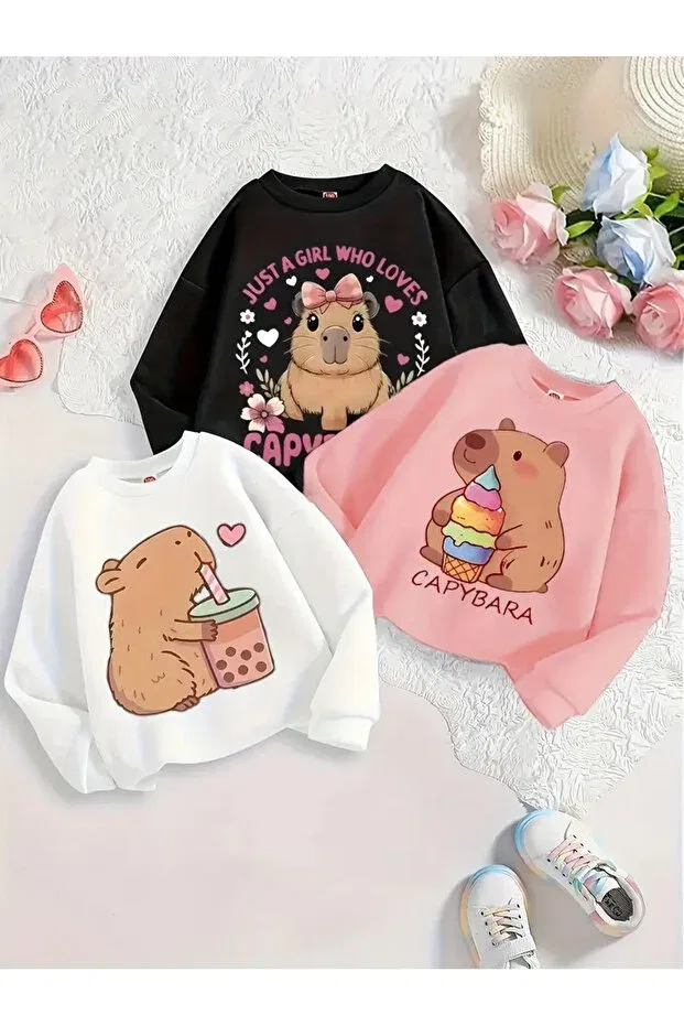 Детский комплект свитшотов для девочек Ice Cream Capybara Printed Crew Neck Sweatshirt Louisa, 1Black-White-Pink