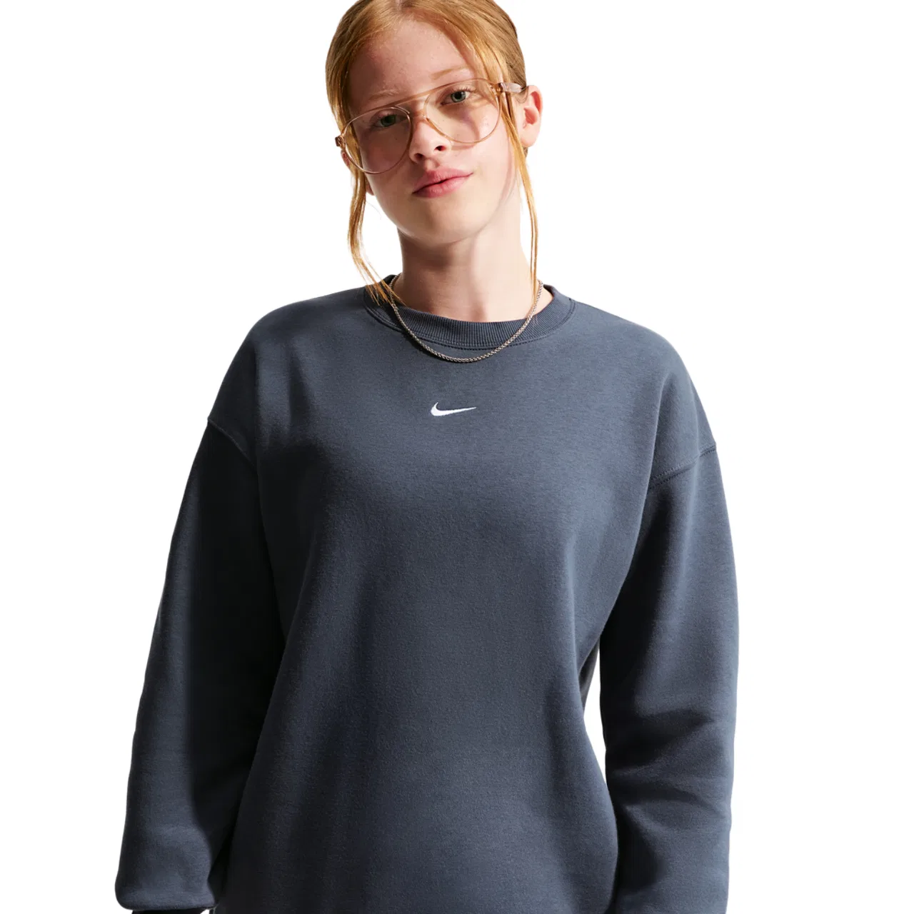 Детский свитшот оверсайз с вышитым логотипом Nike NSW Studio Fleece OS Crew, White Thunder Blue