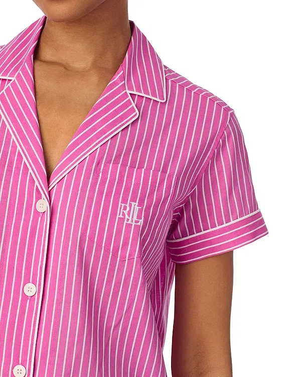 Женский комплект пижамы с коротким рукавом Classic Cropped Pant Pajama Set - Exclusive Ralph Lauren, Pink Stripe — фото 2
