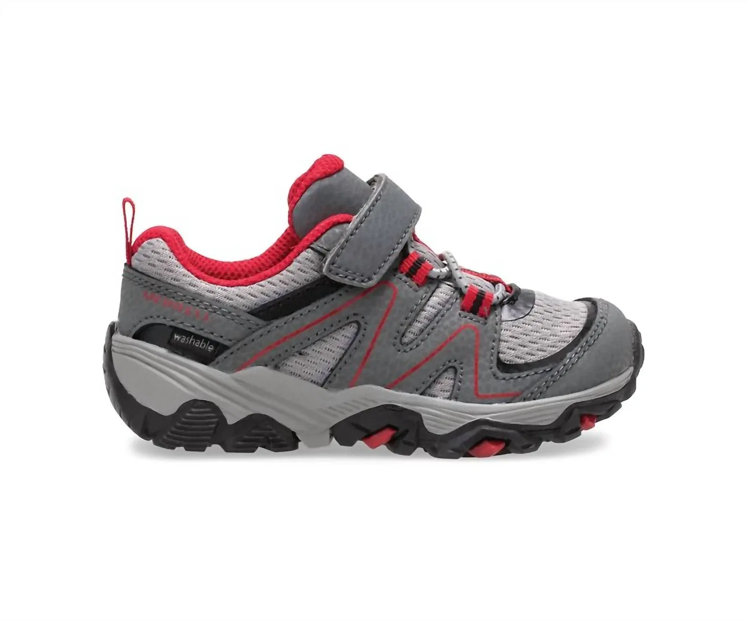 Детские кроссовки для мальчиков с шнуровкой и липучкой Trail Quest Sneaker MERRELL, Grey/Black/Red — фото 2