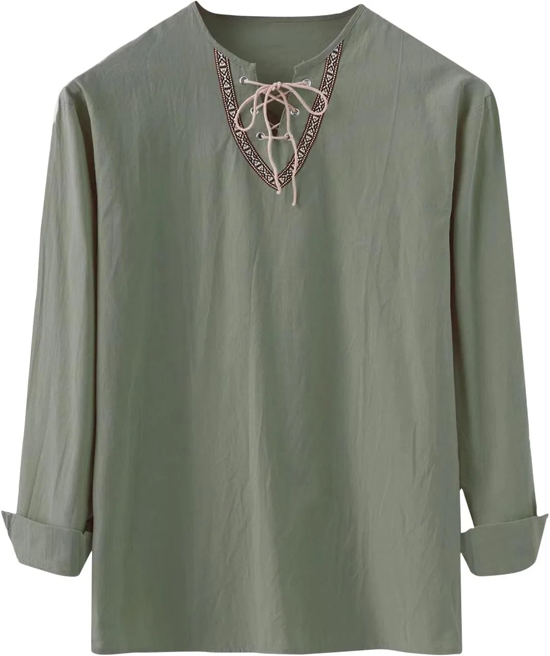 Мужская футболка с V-образным вырезом ретро Western Lace-Up, Army Green — фото 4