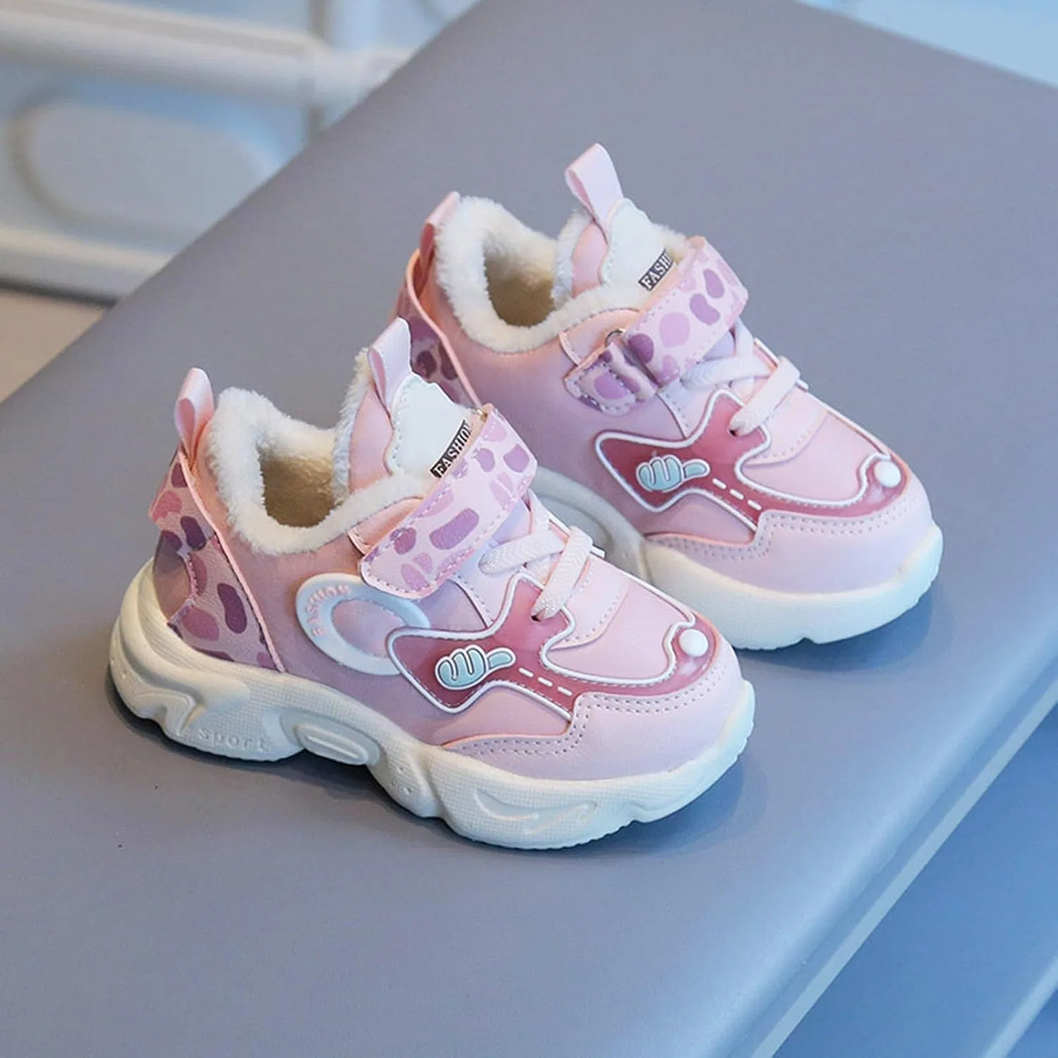 Детские кроссовки для девочек с блёстками из флиса и хлопка, Pink — фото 3