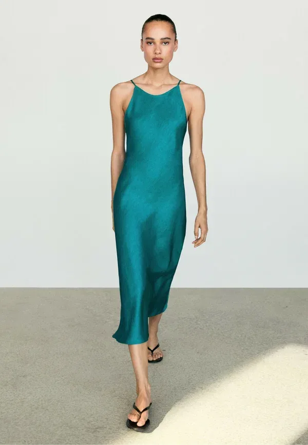 Платье сатиновое Flowing satin midi dress, Massimo Dutti, темно-синий