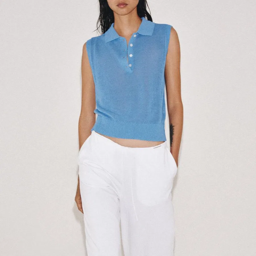 Женское поло с синим цветом Polo Shirts Women's Blue Crew Neck Moderate, ZARA, Blue — фото 4