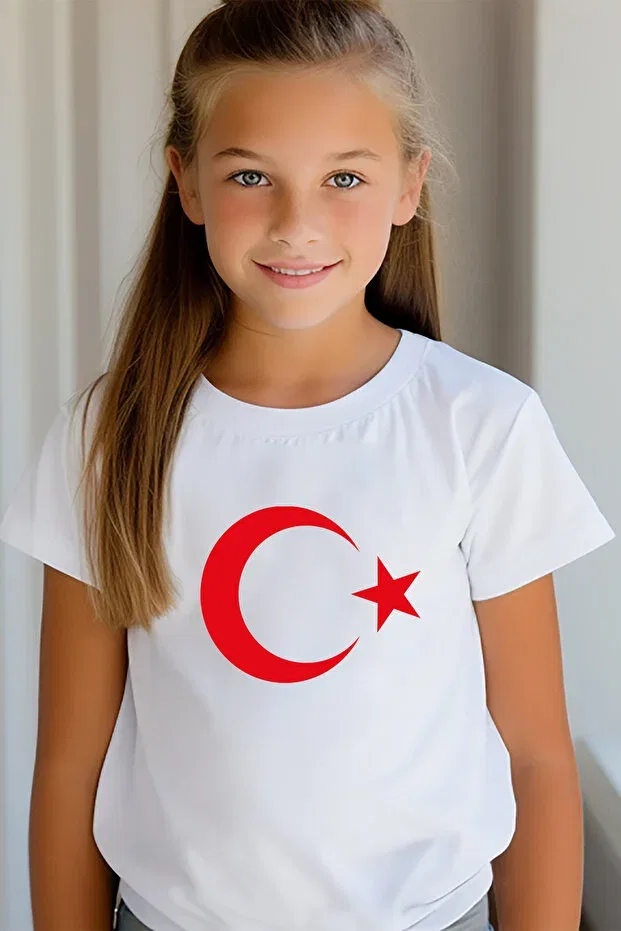 Детская футболка для девочек с принтом 23 April Moon Star (Turkish Flag T-Shirt) Aselinda, White — фото 3
