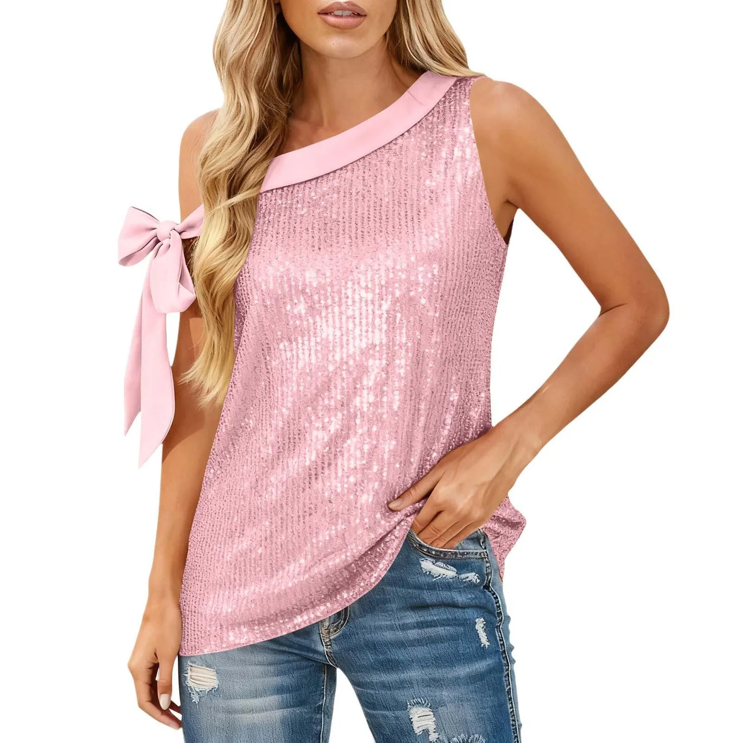 Женская блузка с открытыми плечами с блестками, rosa — фото 2