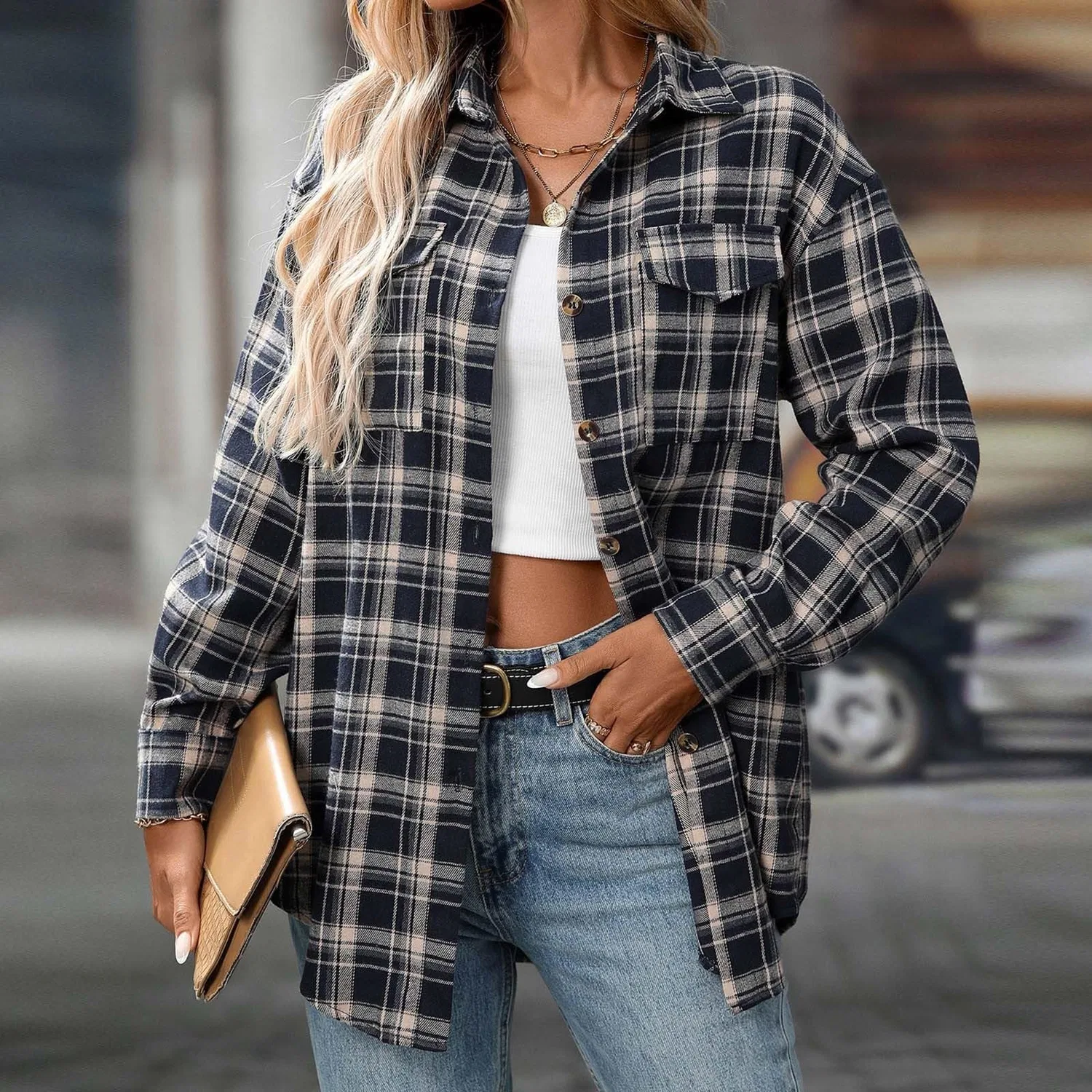 Женская рубашка-жакет с принтом в клетку, модель Plaid Flannel Shirts, Nero — фото 2
