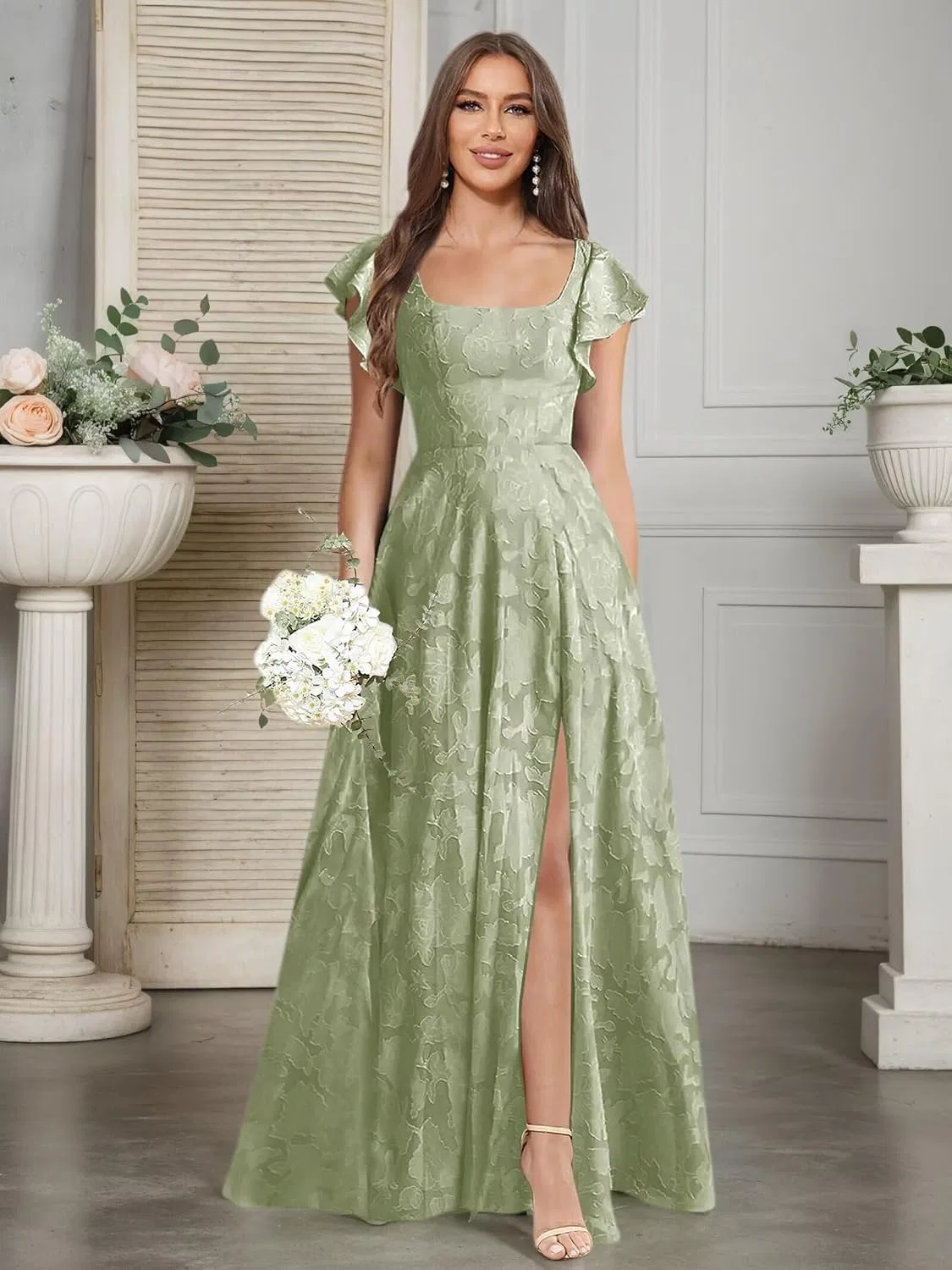 Женское вечернее платье с цветочным жаккардом Ruffle Sleeves, Light Blue — фото 4